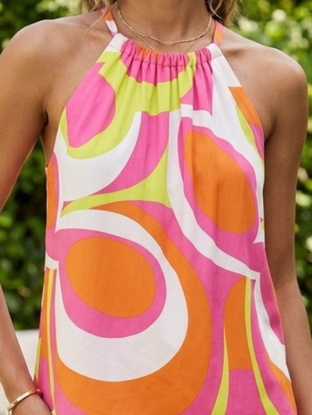 Escapada Women's Pink Orange Lime Green Graphic Halter Tie Strap Top
